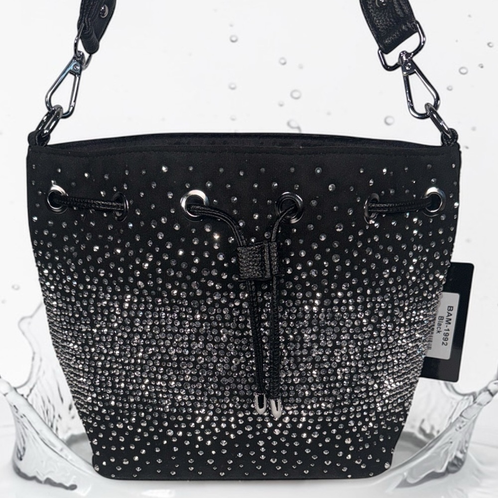 Black Rhinestone Drawstring Bucket Bag - Picture 4 of 6